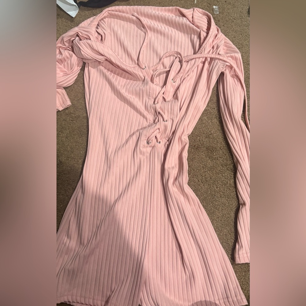 Pink Ribbed Lace-Up Romper